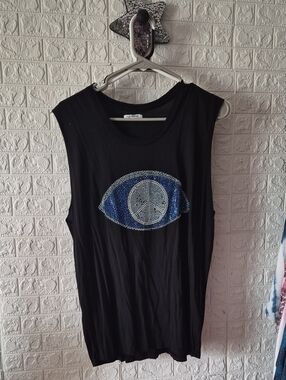 Lauren Moshi Black Muscle Tank with Blue Rhinestone Eye